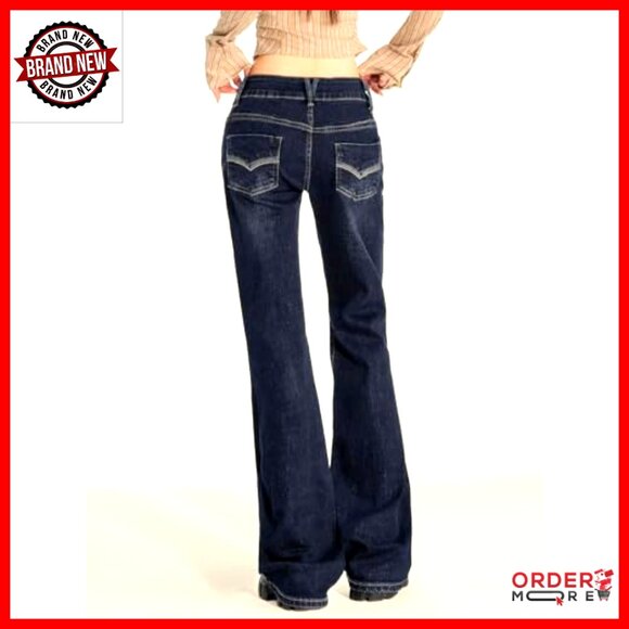 Stretchy Mid Rise Flare Jeans Y2K Bootcut Boyfriend Fit Denim Pants - Picture 4 of 6